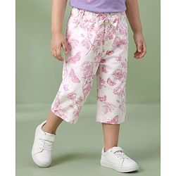 Babyhug Twill Woven Capri Length Tropical Theme Print Capris With Stretch & Bow - White