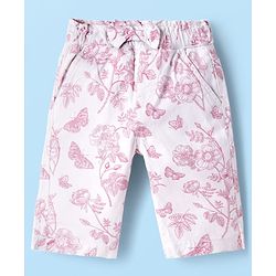 Babyhug Twill Woven Capri Length Tropical Theme Print Capris With Stretch & Bow - White