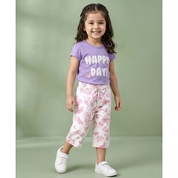 Babyhug Twill Woven Capri Length Tropical Theme Print Capris With Stretch & Bow - White