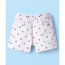 Babyhug Twill Woven Mid Thigh Shorts With Heart Print - White & Red
