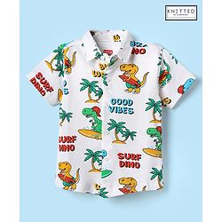 Babyhug Cotton Knit Half Sleeves Shirt With Dino Print - White
