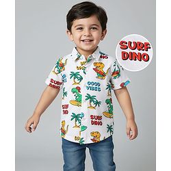 Babyhug Cotton Knit Half Sleeves Shirt With Dino Print - White