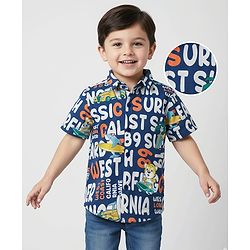 Babyhug Cotton Pique Textured Knit Half Sleeves Shirt With Beach Theme Print - Navy Blue