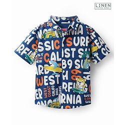 Babyhug Cotton Pique Textured Knit Half Sleeves Shirt With Beach Theme Print - Navy Blue