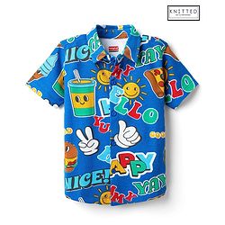 Babyhug Cotton Pique Textured Knit Half Sleeves Shirt With Text Print - Blue