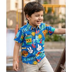 Babyhug Cotton Pique Textured Knit Half Sleeves Shirt With Text Print - Blue