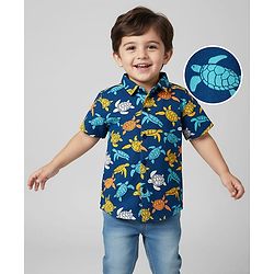 Babyhug Cotton Pique Textured Knit Half Sleeves Tortoise Print - Navy Blue