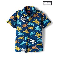Babyhug Cotton Pique Textured Knit Half Sleeves Tortoise Print - Navy Blue