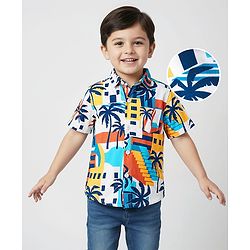 Babyhug Cotton Pique Textured Knit Half Sleeves Shirt With Tropical Theme Print - White