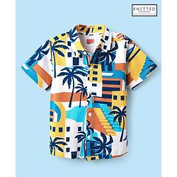 Babyhug Cotton Pique Textured Knit Half Sleeves Shirt With Tropical Theme Print - White
