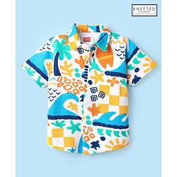 Babyhug Cotton Pique Textured Knit Half Sleeves Shirt With Abstract Print - White