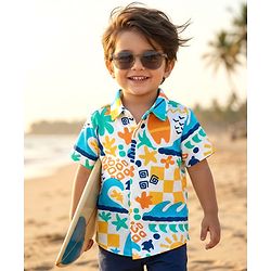 Babyhug Cotton Pique Textured Knit Half Sleeves Shirt With Abstract Print - White
