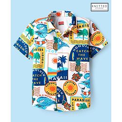 Babyhug Cotton Knit Half Sleeves Shirt With Tropical Print - White