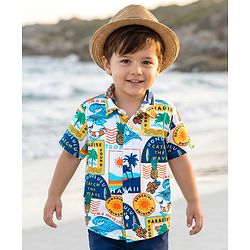 Babyhug Cotton Knit Half Sleeves Shirt With Tropical Print - White