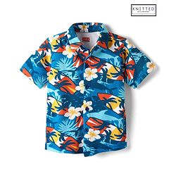 Babyhug Cotton Pique Textured Knit Half Sleeves Shirt With Floral Print - Blue