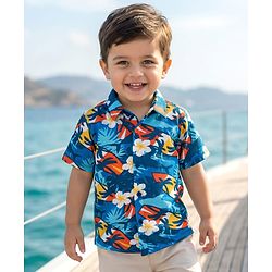 Babyhug Cotton Pique Textured Knit Half Sleeves Shirt With Floral Print - Blue