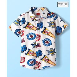 Babyhug Cotton Pique Textured Knit Half Sleeves Shirt With Baseball Print - White