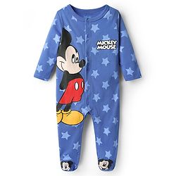 Babyhug Disney Interlock Knit Full Sleeves Footed Sleep Suit With Mickey Mouse Graphics - Royal Blue