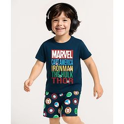 Babyhug Marvel 100% Cotton Half Sleeves Night Suit With Avengers Graphics - Navy Blue