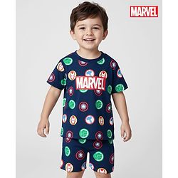 Babyhug Single Jersey Knit Half Sleeves Short Co-ords Night Suit With Marvel Graphics - Navy Blue