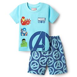 Babyhug Marvel Single Jersey Knit Half Sleeves Short Night Suit With Avenger Graphics - Light Blue