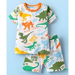 Babyhug Cotton Knit Half Sleeves Co-ords Shorts Night Suit with Dino Print - White