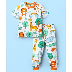 Babyhug Cotton Knit Half Sleeves Co-ord Night Suit With Animal Print - White