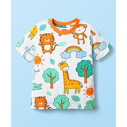 Babyhug Cotton Knit Half Sleeves Co-ord Night Suit With Animal Print - White