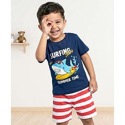 Babyhug Cotton Knit Half Sleeves Shorts Night Suit With Stripes & Surfing Text Print - Navy Blue Red & White