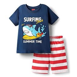 Babyhug Cotton Knit Half Sleeves Shorts Night Suit With Stripes & Surfing Text Print - Navy Blue Red & White