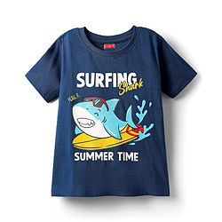 Babyhug Cotton Knit Half Sleeves Shorts Night Suit With Stripes & Surfing Text Print - Navy Blue Red & White