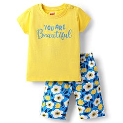 Babyhug Cotton Knit Half Sleeves Capri Night Suit With Floral Print - Yellow & Blue