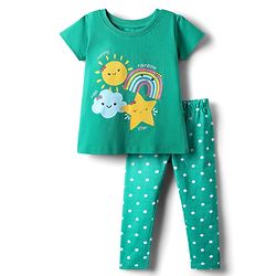 Babyhug Cotton Knit Half Sleeves Night Suit With Sun & Polka Dot Print - Green