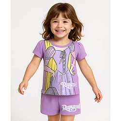 Babyhug Disney Single Jersey Knit Half Sleeves Shorts Night Suit With Rapunzel Graphics - Lavender