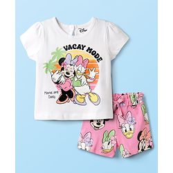 Babyhug Disney Single Jersey Knit Half Sleeves Shorts Night Suit With Minnie and Friends Graphics - Multicolor