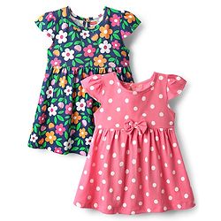 Babyhug Single Jersey Knit Cap Sleeves Polka Dot & Floral Printed Frocks With Bow Applique Pack of 2 - Pink & Navy Blue