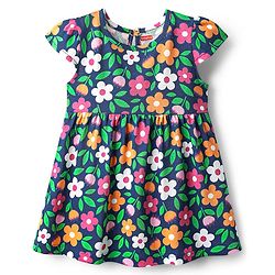 Babyhug Single Jersey Knit Cap Sleeves Polka Dot & Floral Printed Frocks With Bow Applique Pack of 2 - Pink & Navy Blue