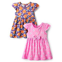 Babyhug Single Jersey Knit Cap Sleeves Floral & Fruit Printed Frocks With Bow Applique Pack of 2 - Pink & Violet