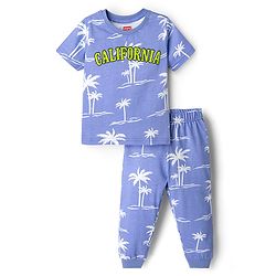 Babyhug Cotton Knit Half Sleeves Co-ords Night Suit With Tropical Theme Print - Lavender