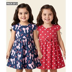 Babyhug Single Jersey Knit Cap Sleeves Frock with Bow & Hearts Print Pack of 2 - Red & Blue