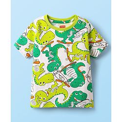 Babyhug Cotton Knit Half Sleeves Co-ords Night Suit With Dino Print - White
