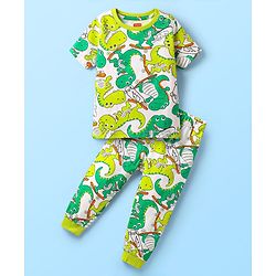 Babyhug Cotton Knit Half Sleeves Co-ords Night Suit With Dino Print - White