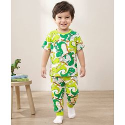 Babyhug Cotton Knit Half Sleeves Co-ords Night Suit With Dino Print - White