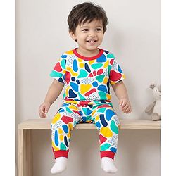 Babyhug Cotton Knit Half Sleeves Co-ords Night Suit With Abstract Print - Multicolour