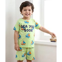 Babyhug Cotton Knit Half Sleeves Shorts Co-Ord Night Suit With Boat Print - Light Green