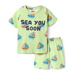 Babyhug Cotton Knit Half Sleeves Shorts Co-Ord Night Suit With Boat Print - Light Green