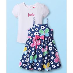 Babyhug Single Jersey Knit Half Sleeves Printed Frock With Inner Tee & Headband - Navy Blue
