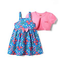 Babyhug Single Jersey Frock & Half Sleeves Shrug With Floral Print & Bow Applique - Blue & Pink