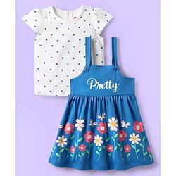 Babyhug 100% Cotton Half Sleeves Polka Dots & Floral Printed Frock With Inner Tee - Blue