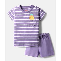 Babyhug Cotton Knit Half Sleeves Shorts Night Suit With Stripes - Lavender